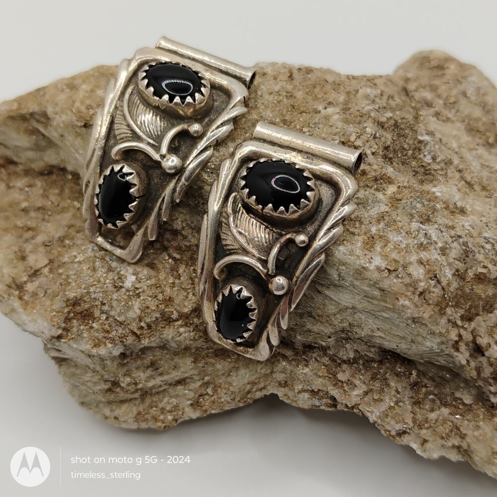 Navajo Richard Begay RB Black Onyx and Sterling Silver Watch Tips for Women